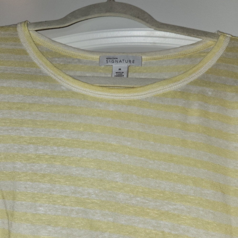 Nordstrom Signature 100% Linen Yellow/White Striped 3/4 Sleeve Top Size M Light - Picture 5 of 8